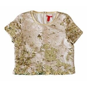Chelsea & Violet Sequin Top Womens M Gold Ivory Short Sleeve Blouse Lined